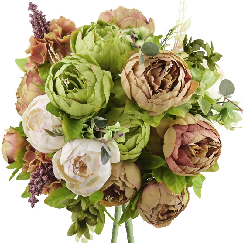 FiveSeasonStuff Rustic Brown, Beige & Green Artificial Peony Bouquets, 2 Silk Flower Bundles with Hydrangeas for Wedding & Dining Table Centerpieces, Living Room & Home Decor - Image 1